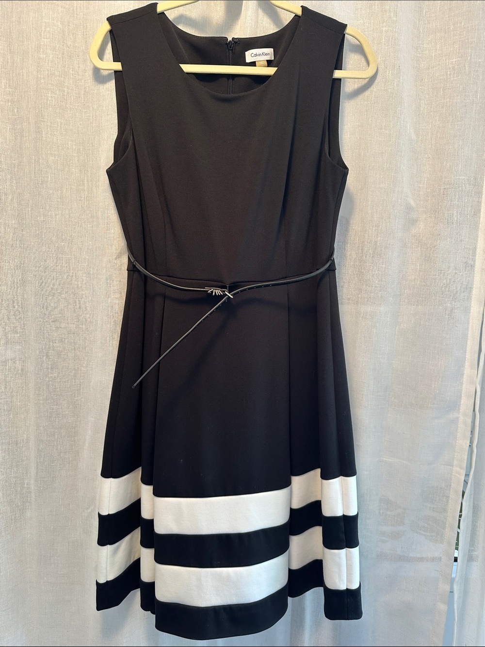 Calvin Klein Black and White Sleeveless A-Line Midi Dress with Belt